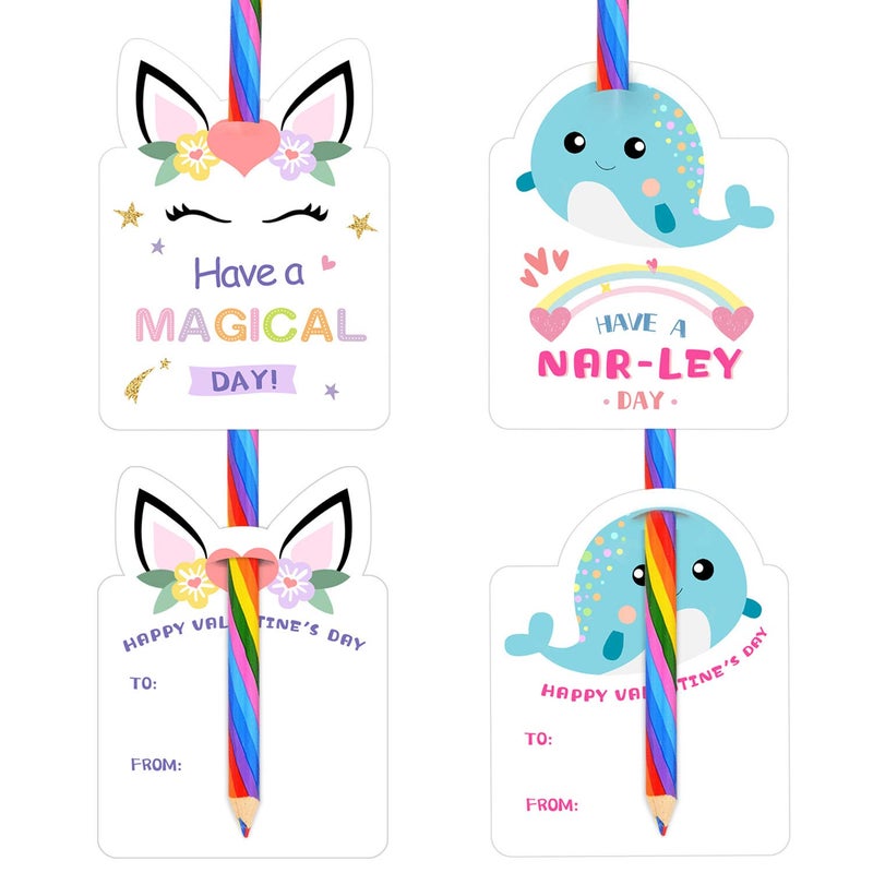 ORIENTAL CHERRY Valentines Day Cards for Kids - Set of 24 Rainbow Pencils Unicorn Valentines - Class Party Favors Valentine day cards Exchange Bulk for Girls Boys School Classroom Supplies - Image 3